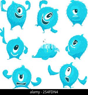 Vector colored monster in cartoon style. Different action poses and cute faces. Funny monster cyclop creative illustration. Vector colored monster in cartoon style. Different action poses and cute faces Stock Vector
