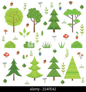 Different forest plants, trees mushrooms and other floral elements. Cartoon vector illustration isolate on white. Green tree forest, nature tree and mushroom design. Different forest plants, trees mushrooms and other floral elements. Cartoon vector illustration isolate on white Stock Vector