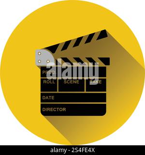 Movie clap board icon on gray background, round shadow. Vector illustration. Stock Vector