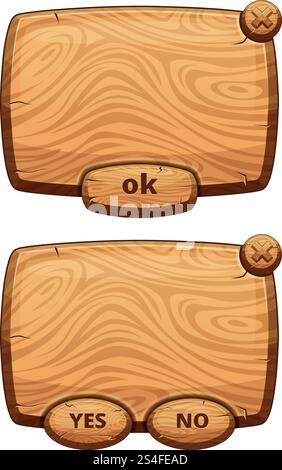 Different wooden panels for game. Cartoon vector illustrations set. Wooden panel interface with button. Different wooden panels for game. Cartoon vector illustrations set Stock Vector