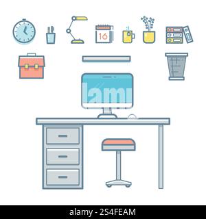 Office workspace objects in linear style for design - make you workplace vector. Office workspace objects in linear style for design Stock Vector