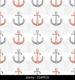 Marine pattern design with anchors and abstract waves. Vector illustration. Marine pattern design with anchors and abstract waves Stock Vector