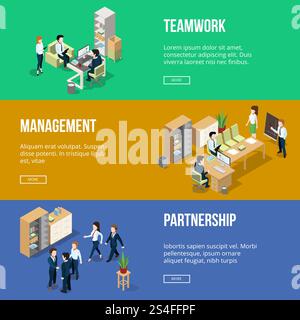 Peoples at work in his offices. Businessman workplace. Horizontal banners set with isometric illustration. Business design banner teamwork and partnership concept. Peoples at work in his offices. Businessman workplace. Horizontal banners set with isometric illustrations Stock Vector
