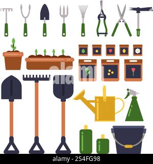 Gardening tools isolate on white background. Vector illustrations. Bucket and shovel, equipment object for gardening. Gardening tools isolate on white background. Vector illustrations Stock Vector