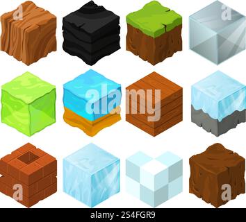 Cartoon texture illustration on different isometric blocks for game design. Isometric block sea and wood, cubical glass and coal. Cartoon texture illustration on different isometric blocks for game design Stock Vector