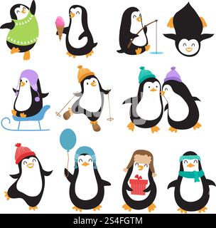 Funny christmas penguins vector characters. Set of penguin animal with ice cream and fishing illustration. Funny christmas penguins vector characters Stock Vector