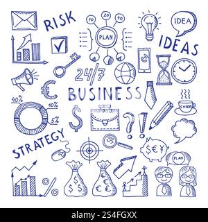 Sketches illustrations at business theme. Creative doodle vector icon set. Sketch doodle drawing business style creative, strategy risk and idea. Sketches illustrations at business theme. Creative doodle vector icon set Stock Vector