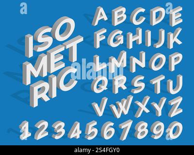 Vector isometric alphabet and numbers. Funky 3d font. Isometric three-dimensional number and abc illustration. Vector isometric alphabet and numbers. Funky 3d font Stock Vector