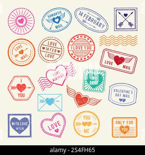Vintage romantic postal stamps. Vector love elements for scrapbook or letters design. Retro valentine stamp mail illustration. Vintage romantic postal stamps. Vector love elements for scrapbook or letters design Stock Vector