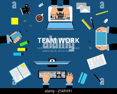 Poster with hands and computer devices. Business presentation or other actions. Vector background picture in flat style. Business work space laptop and communication team work illustration. Poster with hands and computer devices. Business presentation or other actions. Vector background picture in flat style Stock Vector