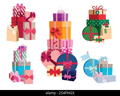 Array of gifts in different colorful packages with ribbons. Vector set of surprise boxes. Collection of gift box to christmas or birthday illustration. Array of gifts in different colorful packages with ribbons. Vector set of surprise boxes Stock Vector