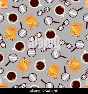 Office seamless pattern with notebook, glasses, coffee and magnifier. Vector illustration. Office seamless pattern with notebook, glasses, coffee and magnifier Stock Vector