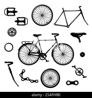 Bike parts. Bicycle equipment and components isolated vector set. Bicycle chain and pedal illustration. Bike parts. Bicycle equipment and components isolated vector set Stock Vector