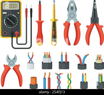 Electrical cable wires and different electronic tools. Cutter, multimeter. Vector illustrations isolated multimeter and electronic tool equipment, screwdriver and tester. Electrical cable wires and different electronic tools. Cutter, multimeter. Vector illustrations isolated Stock Vector