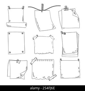 Sketch papers and different notepapers vector set in hand drawn style. Notepaper sketch doodle for message, empty drawing paper blank pinned illustration. Sketch papers and different notepapers vector set in hand drawn style Stock Vector