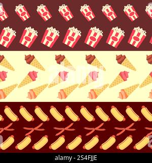 Fast food seamless borders collection - ice cream. Hot dogs and popcorn texture . Vector illustration. Fast food seamless borders collection - ice cream and hot dogs Stock Vector