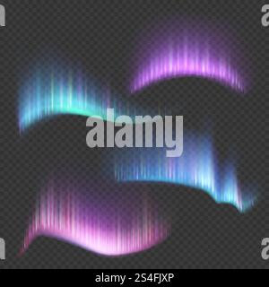 Northern aurora lights strips isolated on transparent background. Northern aurora borealis bright colorful in sky, vector illustration. Northern aurora lights strips isolated on transparent background Stock Vector