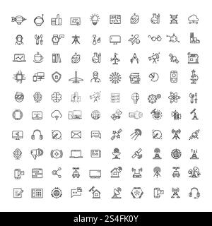 Office, science, technologies, space and communication line icons set. Collection of technology and science communication icons illustration. Office, science, technologies, space and communication line icons set Stock Vector