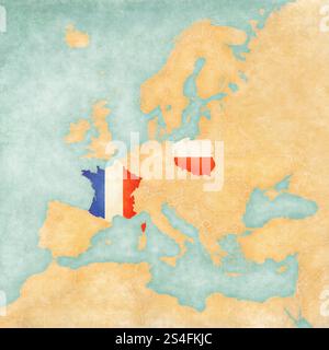 some very old grunge map of france with flag on map of europe Stock ...