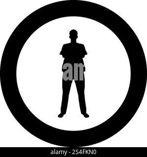Man standing with hands crossed Dentist surgeon in medical clothes with folded hands on his chest Concept of the end of surgery operation Front view icon black color vector in circle round illustration flat style simple image. Man standing with hands crossed Dentist surgeon in medical clothes with folded hands on his chest Concept of the end of surgery operation Front view icon black color vector in circle round illustration flat style image Stock Vector