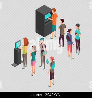 Row of waiting people at atm payment machine and terminal isolated on transparent background. Vector illustration. Row of waiting people at atm payment machine and terminal Stock Vector
