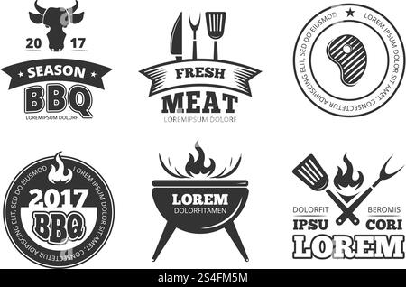 Barbecue, grill, bbq steak house restaurant vintage vector labels, badges, logos and emblems. Gril bbq emblem restaurant, illustration of vintage bbq label for menu. Barbecue, grill, bbq steak house restaurant vintage vector labels, badges, logos and emblems Stock Vector