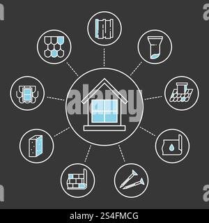 Roof, housetop construction materials thin line icons set. Vector illustration. Roof, housetop construction materials thin line icons set Stock Vector