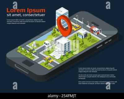 Vector 3d city concept picture. Different business buildings, roads, garden and other urban elements. Location street gps on phone, city map with pin on smart phone gps illustration. Vector 3d city concept picture. Different business buildings, roads, garden and other urban elements Stock Vector
