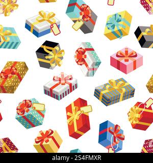 Seamless pattern with different giftboxes colored on white background. Flat-style vector illustration. Gift seamless pattern background, holiday birthday package gift box. Seamless pattern with different giftboxes colored on white background. Flat-style vector illustration Stock Vector