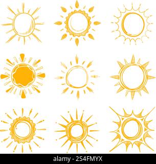 Shining bright hand drawn happy sun vector set. Creative sunny bright, illustration of morning simple sunny energy. Shining bright hand drawn happy sun vector set Stock Vector