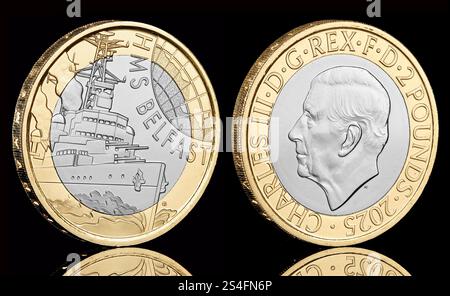 One of the first UK 2025 coins is the HMS Belfast design £2 coin featuring a King Charles portrait by Martin Jennings. Stock Photo