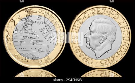 One of the first UK 2025 coins is the HMS Belfast design £2 coin featuring a King Charles portrait by Martin Jennings. Stock Photo