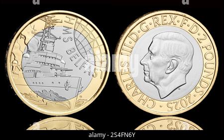 One of the first UK 2025 coins is the HMS Belfast design £2 coin featuring a King Charles portrait by Martin Jennings. Stock Photo