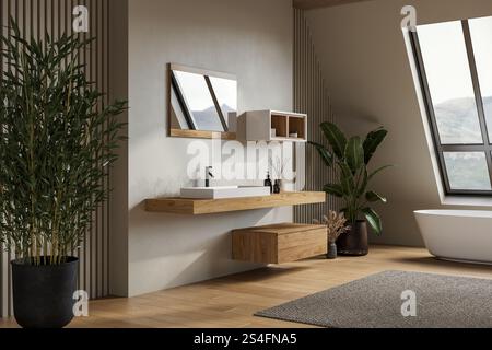 Modern loft bathroom interior with vanity, white bathtub, interior plants and parquet floor. Stock Photo