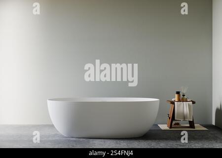 Stylish white bathtub on concrete floor with back faucet in bright bathroom, green tones wall background. 3d Rendering Stock Photo