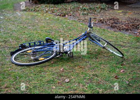 View of a blue broken bicycle lying on green grass Stock Photo
