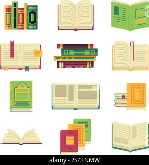 Opened and closed different books and magazines or encyclopedias. Vector pictures in cartoon style book literature for education, textbook paper illustration. Opened and closed different books and magazines or encyclopedias. Vector pictures in cartoon style Stock Vector