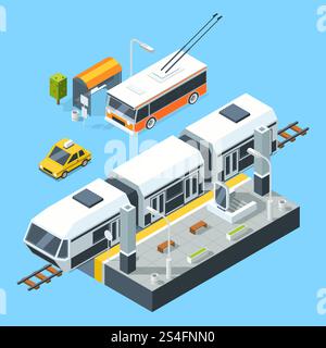 Isometric public transport stations. Bus and train. City road and rails. Vector illustrations isolate on white background. Transport for passengers train and taxi. Isometric public transport stations. Bus and train. City road and rails. Vector illustrations isolate on white background Stock Vector