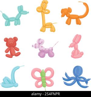 Funny inflatable animals from colored balloons. Vector illustrations in cartoon style. Inflatable toy with helium, bear and butterfly, octopus and rabbit. Funny inflatable animals from colored balloons. Vector illustrations in cartoon style Stock Vector
