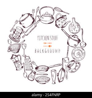 Hand drawn cooking icons in circle shape. Vector line illustration. Frame emblem with kitchen tools pot dish and spatula, different kitchen tools design. Hand drawn cooking icons in circle shape. Vector line illustration Stock Vector