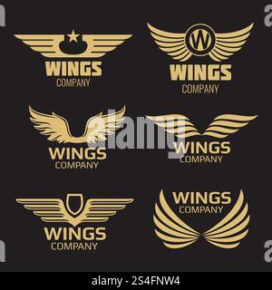 Vector golden wings logo on black backdrop. Collection of wings. Vector illustration. Vector golden wings logo Stock Vector