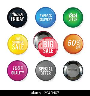 Vector round glossy badges with different advertising offers, illustration of colored label special offer, express delivery. Vector round glossy badges with different advertising offers Stock Vector