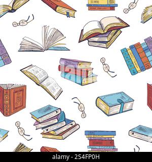 Different books from library. Doodle vector illustrations. Seamless pattern with book library, pattern background school book literature. Different books from library. Doodle vector illustrations. Seamless pattern Stock Vector
