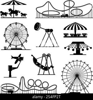 Vector icons of different attractions in amusement park. Attraction icon for carnival and amusement park illustration. Vector icons of different attractions in amusement park Stock Vector