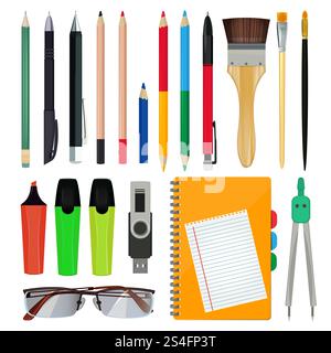 Office stationery or school equipment. Vector illustrations of brush and paper, folders and pencils. Officeand school equipment stationery. Office stationery or school equipment. Vector illustrations of brush and paper, folder and pencils Stock Vector
