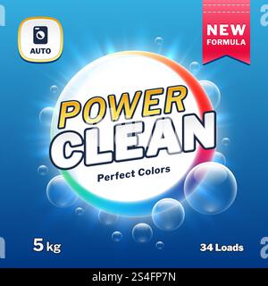 Clean power - soap and laundry detergent packaging. Washing powder product label vector illustration. Package power powder. Clean power - soap and laundry detergent packaging. Washing powder product label vector illustration Stock Vector