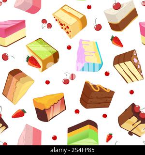Slices of cake. Vector seamless pattern isolate on light. Illustration of slice sweet dessert with cream and fruits. Slices of cake. Vector seamless pattern isolate on light Stock Vector