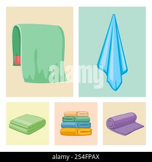 Bathroom color towels icons - colorful towels set. Vector flat illustration. Bathroom towels icons Stock Vector