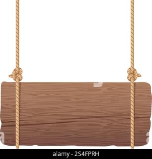Wooden singboard hanging on ropes. Signboard wood with rope. Vector illustration. Wooden singboard hanging on ropes Stock Vector