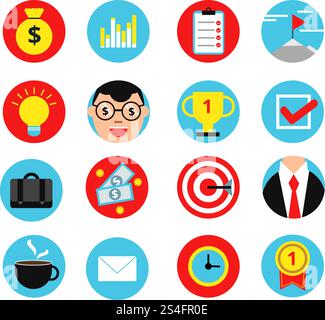Business icon set in flat style. Vector illustrations of money, goals and finance signs. Business and finance icons, goal and clock office. Business icon set in flat style. Vector illustrations of money, goals and finance signs Stock Vector